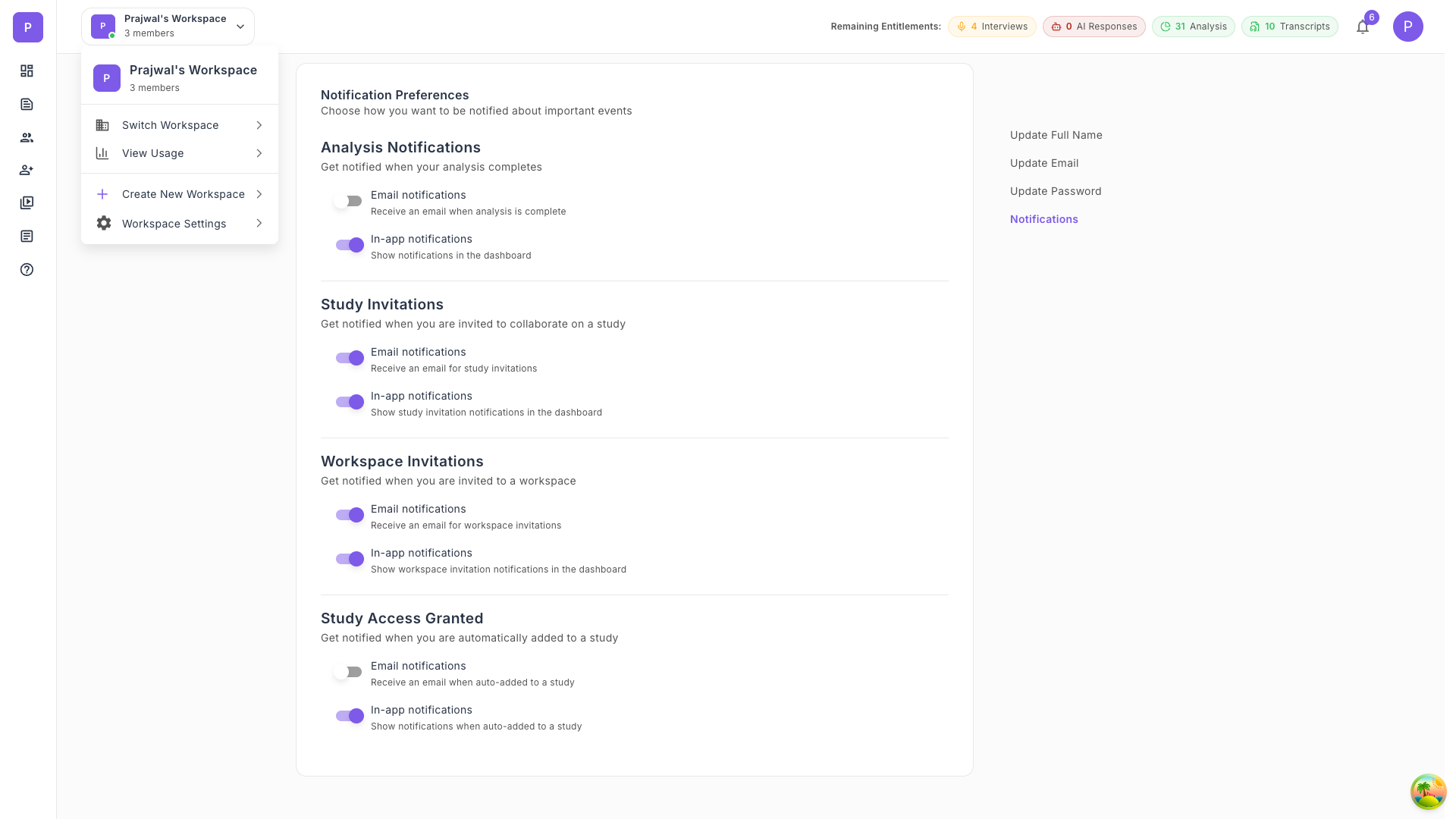 Workspace Dropdown Menu