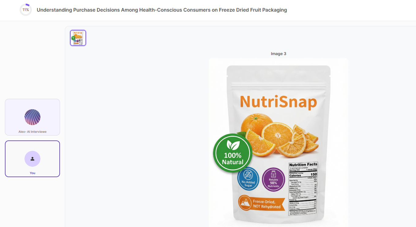 Single stimulus image displayed during a participant interview — the packaging concept appears large and centered with its title