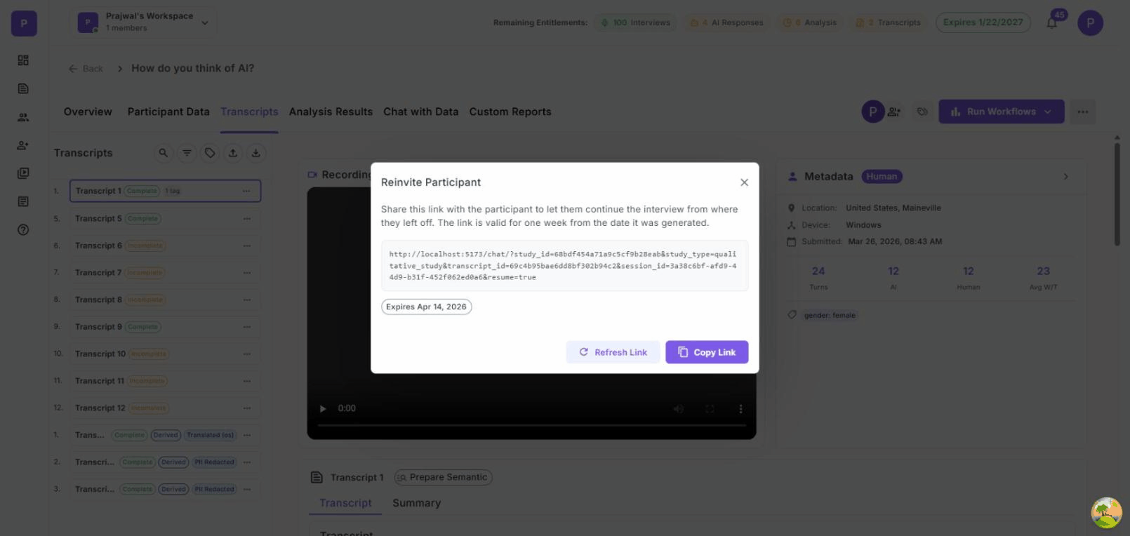 Reinvite Participant modal showing the resume link, expiry date, and Copy Link button