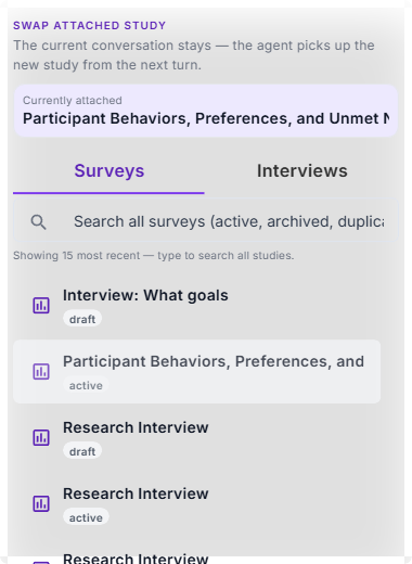 The Attach Study picker showing Surveys and Interviews tabs with the currently attached study highlighted