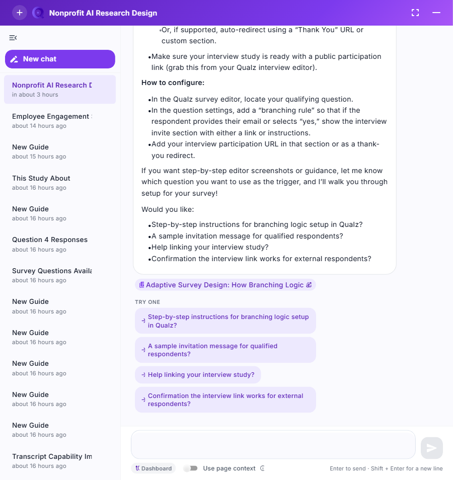 Research Guide open alongside the dashboard with a survey attached to the conversation