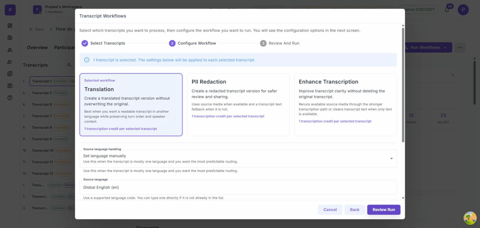 Transcript Workflows wizard showing the three workflow types: Translation, PII Redaction, and Enhance Transcription