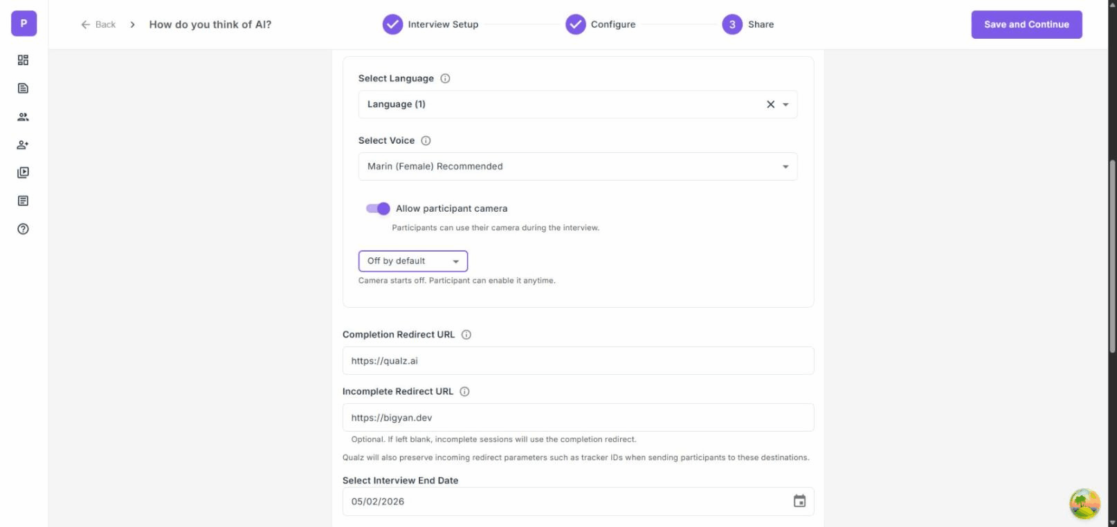 Participant camera configuration toggles showing Allow participant camera enabled with Off by default selected