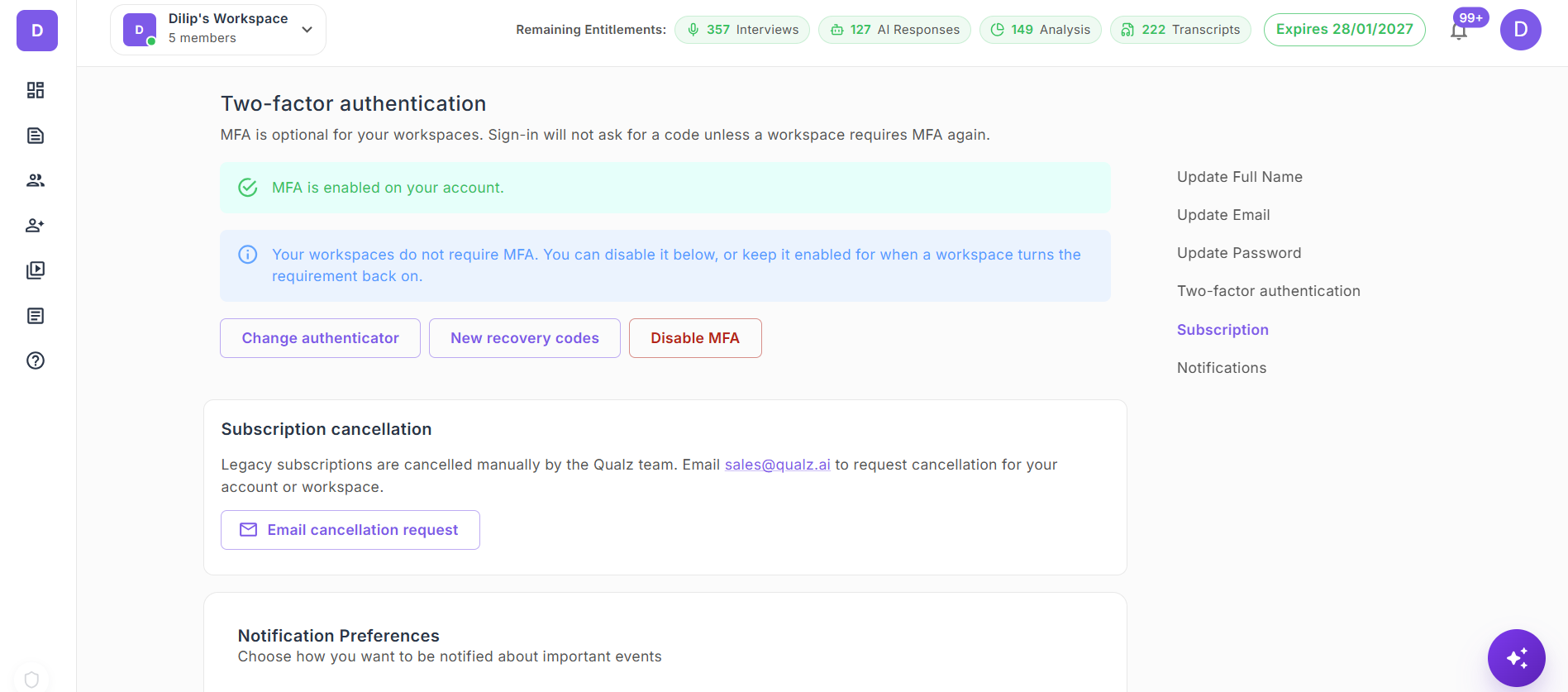 Two-factor authentication section on the Profile page