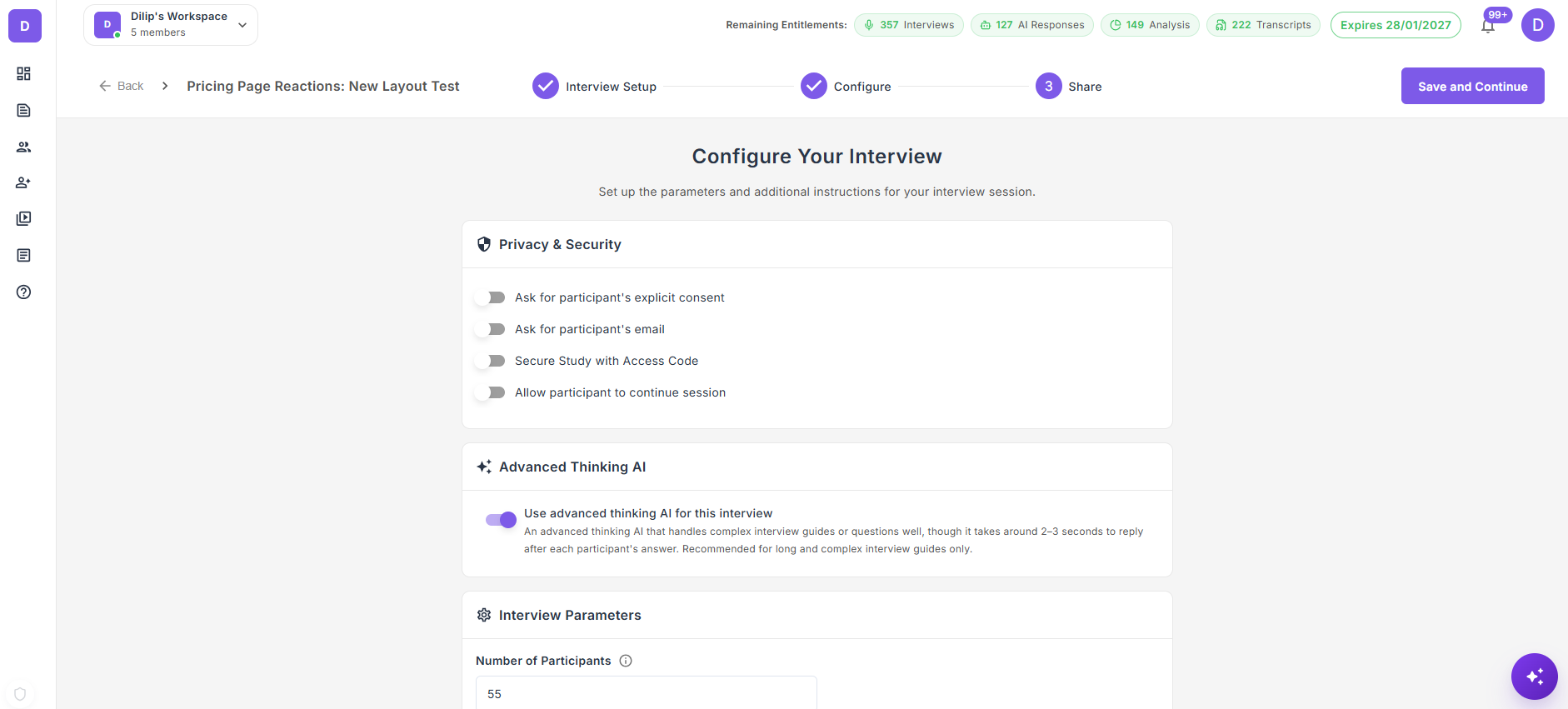 Advanced Thinking AI card with the "Use advanced thinking AI for this interview" toggle