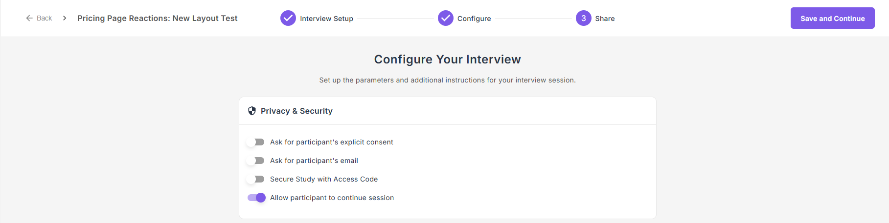 The "Allow participant to continue session" toggle in the Privacy & Security section