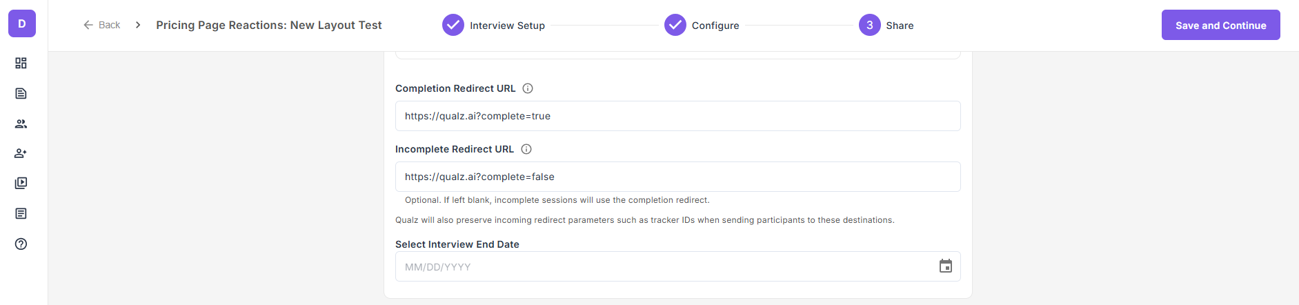 The Redirect URL and Incomplete Redirect URL inputs, side by side, in the Study Settings section