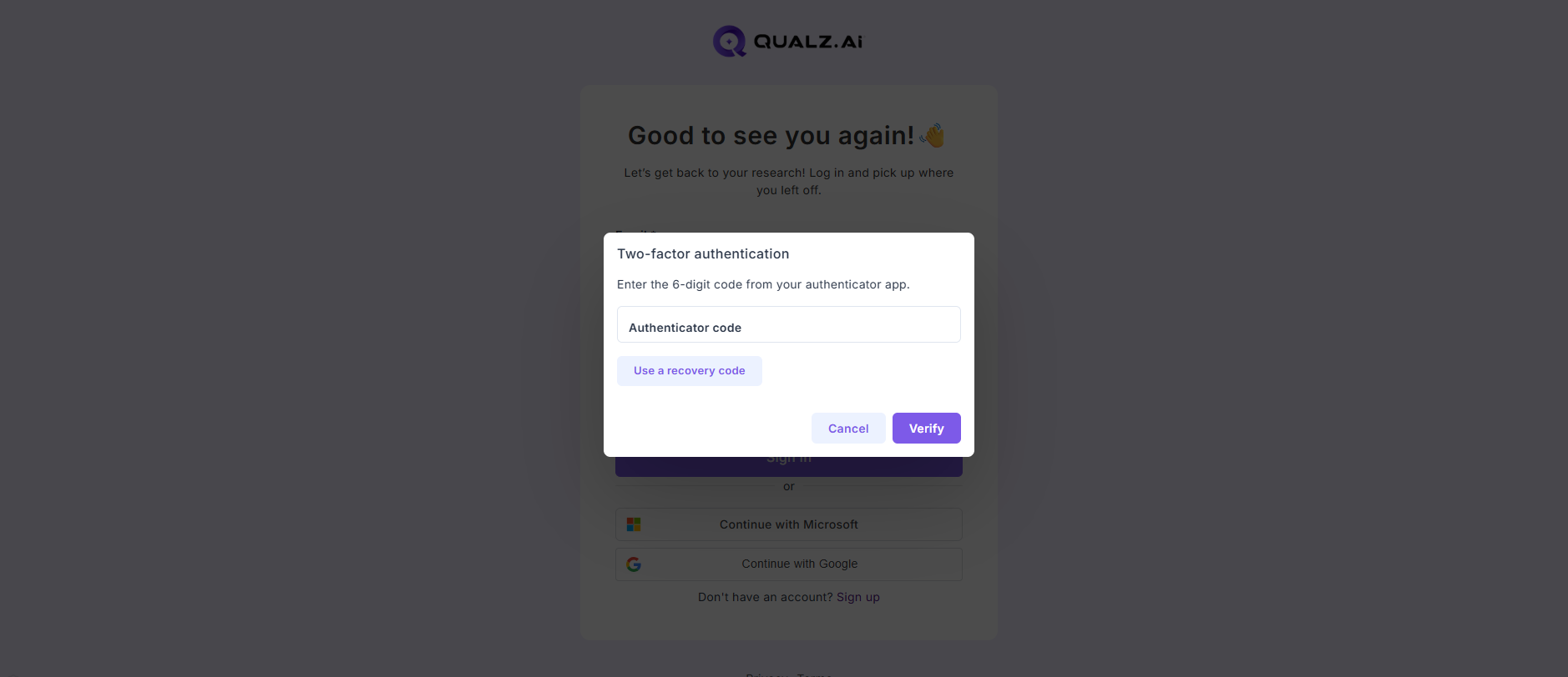 The two-factor authentication challenge dialog asking for a 6-digit code from your authenticator app