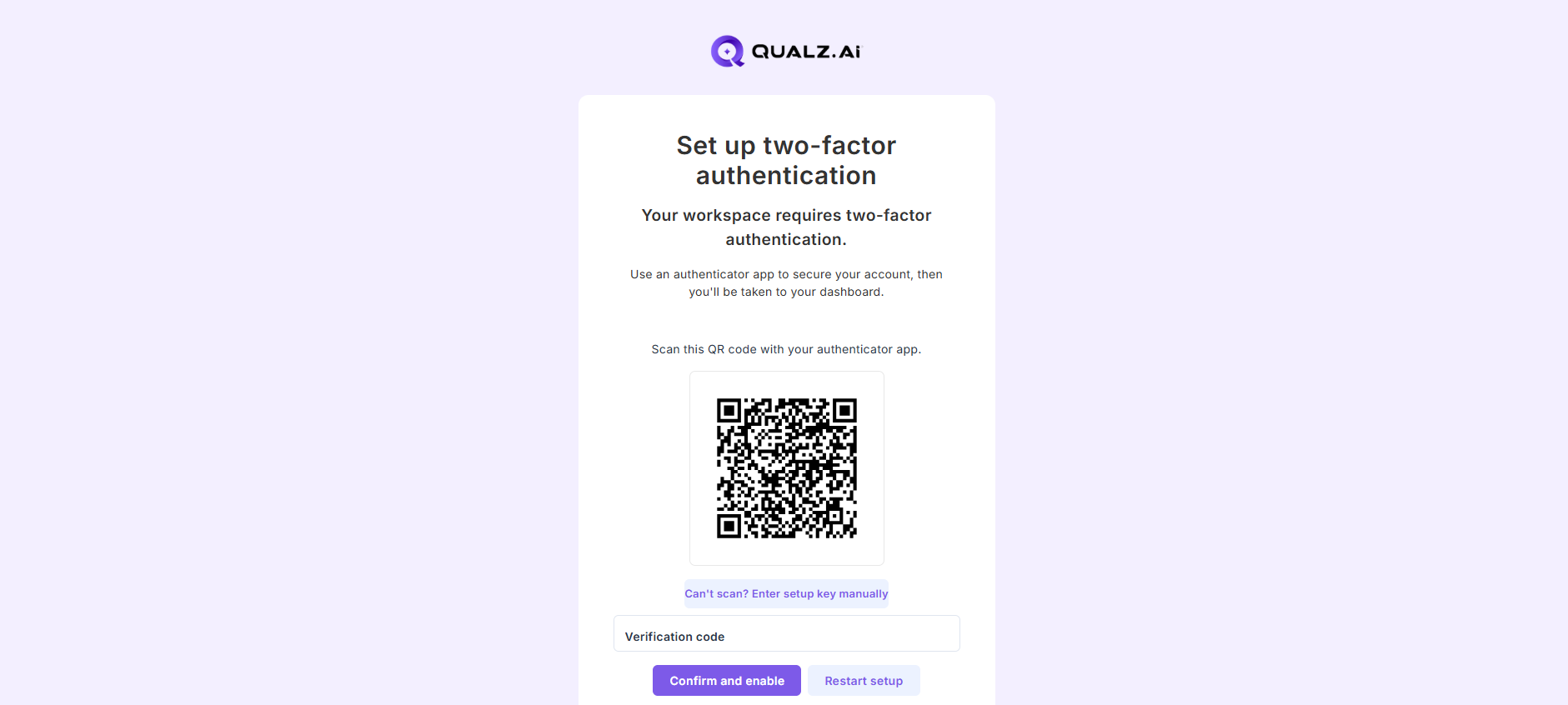 Two-factor authentication setup screen with the QR code and verification-code field