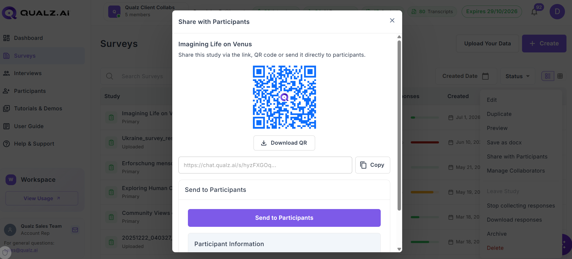 Survey Share page with three cards: Share Link, Scan QR Code, and Send to Participants