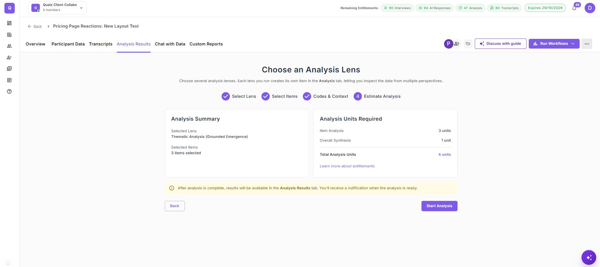 The Estimate Analysis step showing the credit-cost preview and Submit button before running the lens
