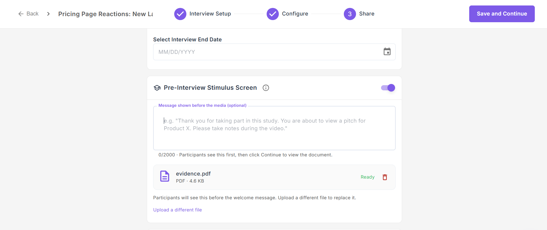 The Pre-Interview Stimulus Screen section of the Configure step, with the toggle enabled, an optional message field, and an uploaded PDF marked Ready