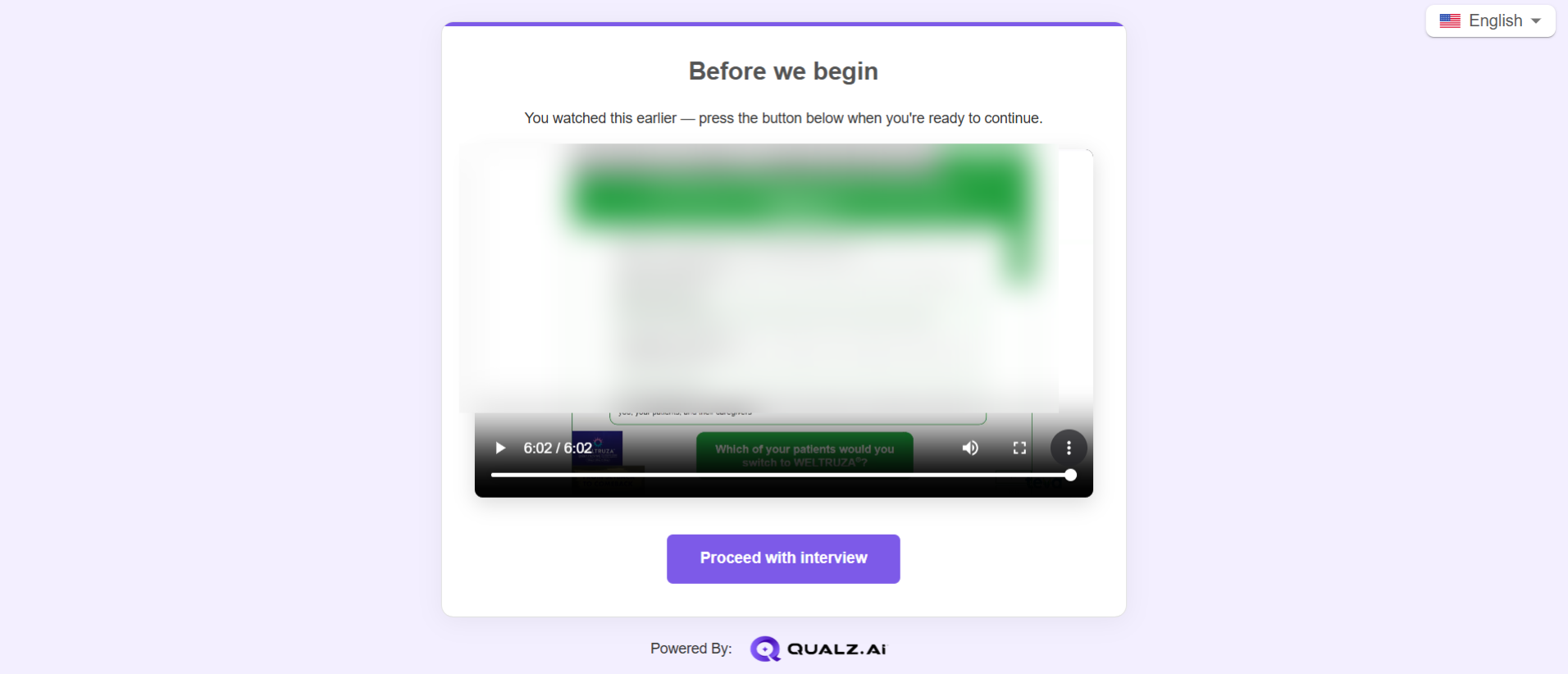 The same screen after the video has been watched, with the Proceed with interview button now enabled