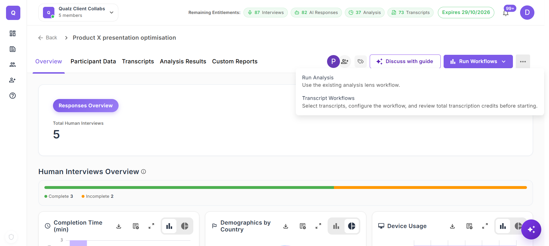 The Run Workflows menu on an interview study, showing the Run Analysis and Transcript Workflows options