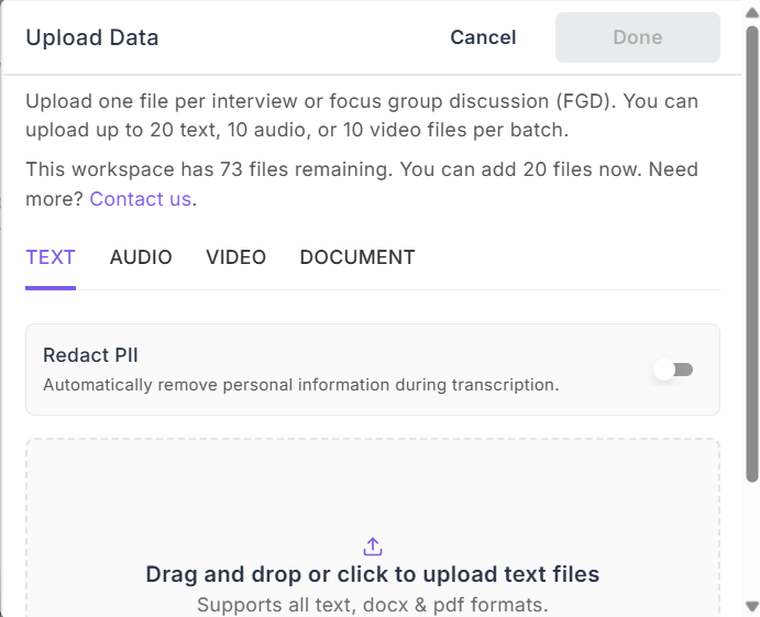 The Upload Data panel on the Text tab, showing the batch limits, remaining file count, the four tabs, the Redact PII toggle, and the drop zone