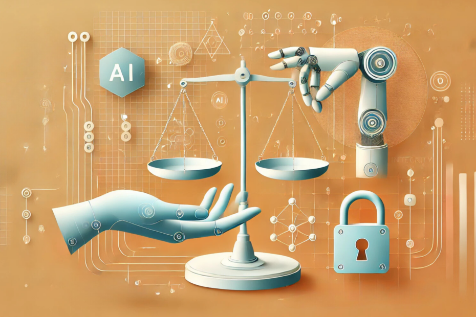 The image depicts AI and ethics, with a balanced scale held by robotic hands symbolizing fairness. The orange background features circuit patterns, geometric shapes, and a lock, representing security and ethical AI collaboration.